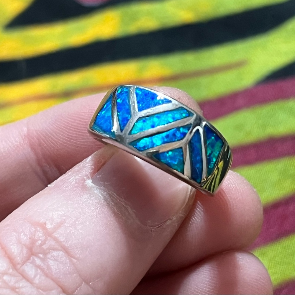 Vintage Southwestern Blue Fire Topaz Inlaid Sterling Silver 925 Ring - Size 6